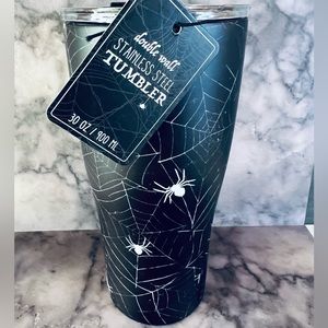 Halloween Large Black Stainless Steel Tumbler with White Spiders and Web